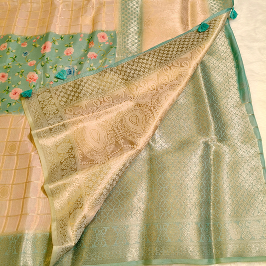 Peach with Pastel green Semi Mysore Silk Saree