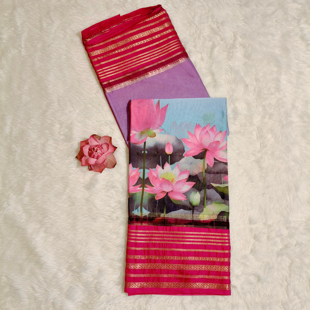 Pink Lotus theme Semi Mysore Silk Saree