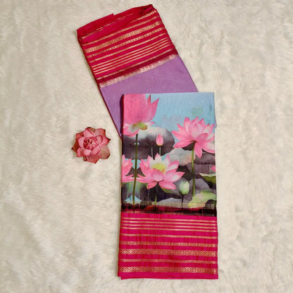 Pink Lotus theme Semi Mysore Silk Saree Vivahasilks