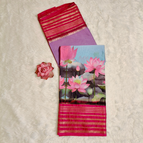 Pink Lotus theme Semi Mysore Silk Saree