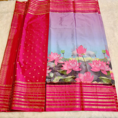 Pink Lotus theme Semi Mysore Silk Saree Vivahasilks