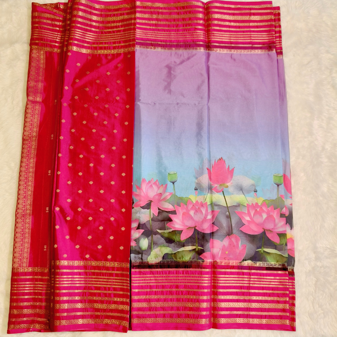 Pink Lotus theme Semi Mysore Silk Saree
