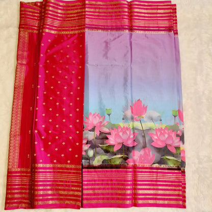 Pink Lotus theme Semi Mysore Silk Saree Vivahasilks