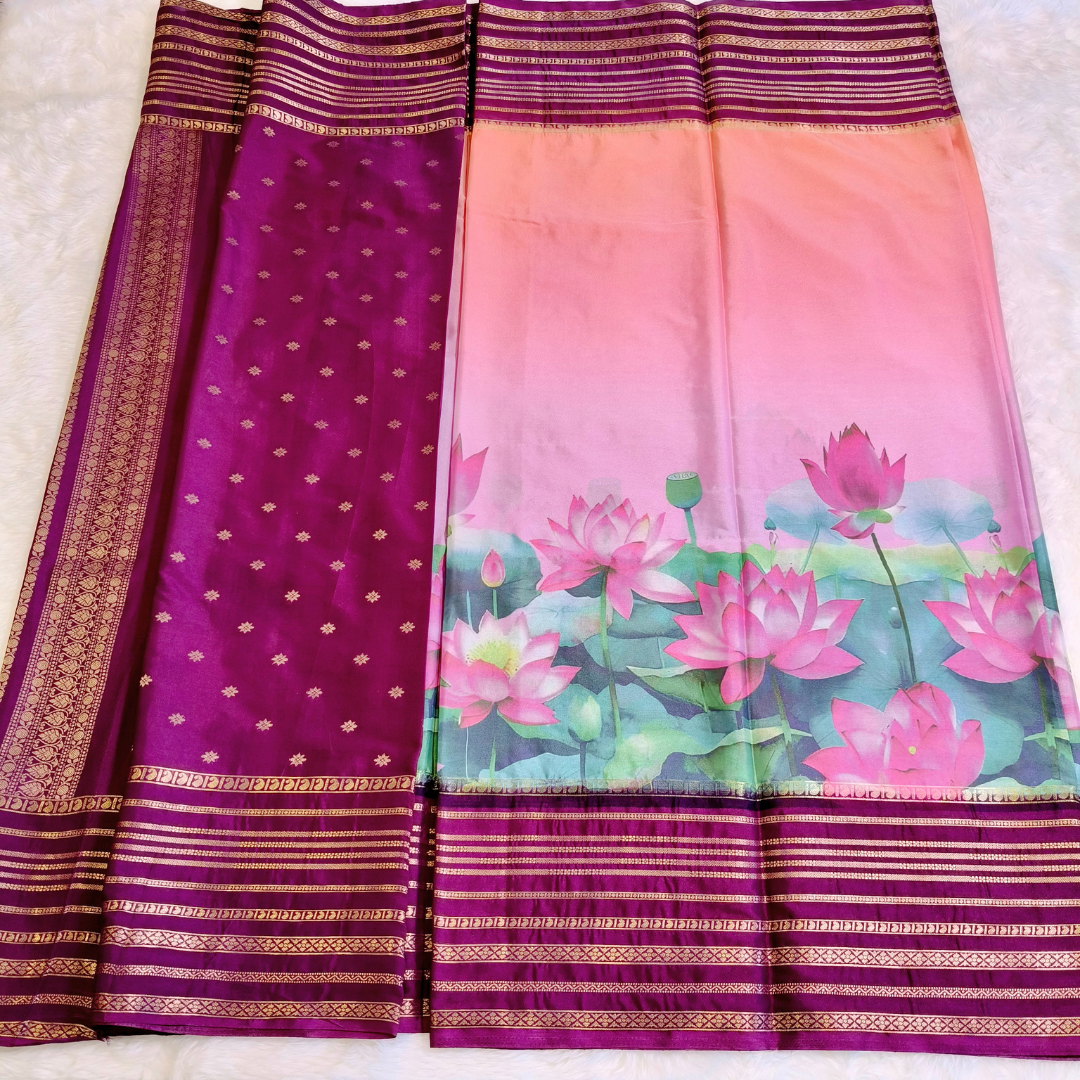 Pink with Purple lotus theme Semi Mysore Silk Saree