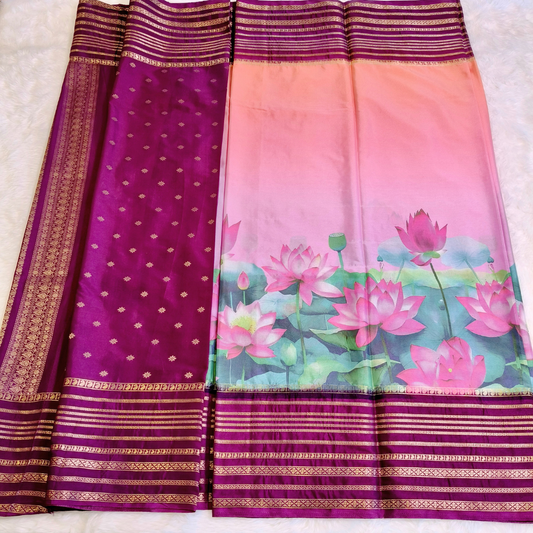 Pink with Purple lotus theme Semi Mysore Silk Saree
