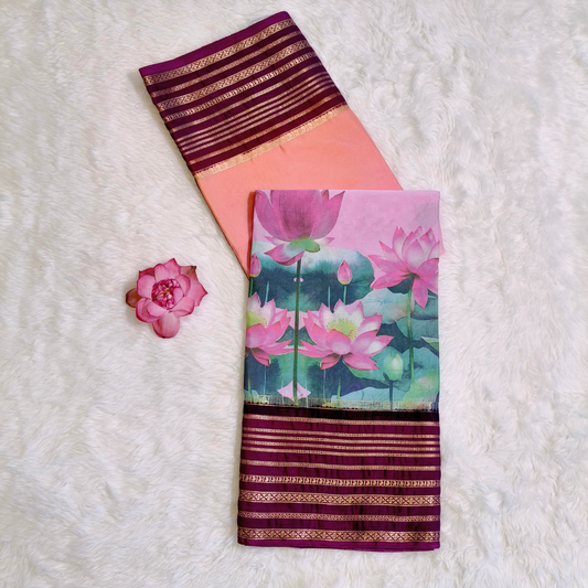Pink with Purple lotus theme Semi Mysore Silk Saree