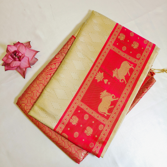 Off white Soft Silk Saree with pink fancy border