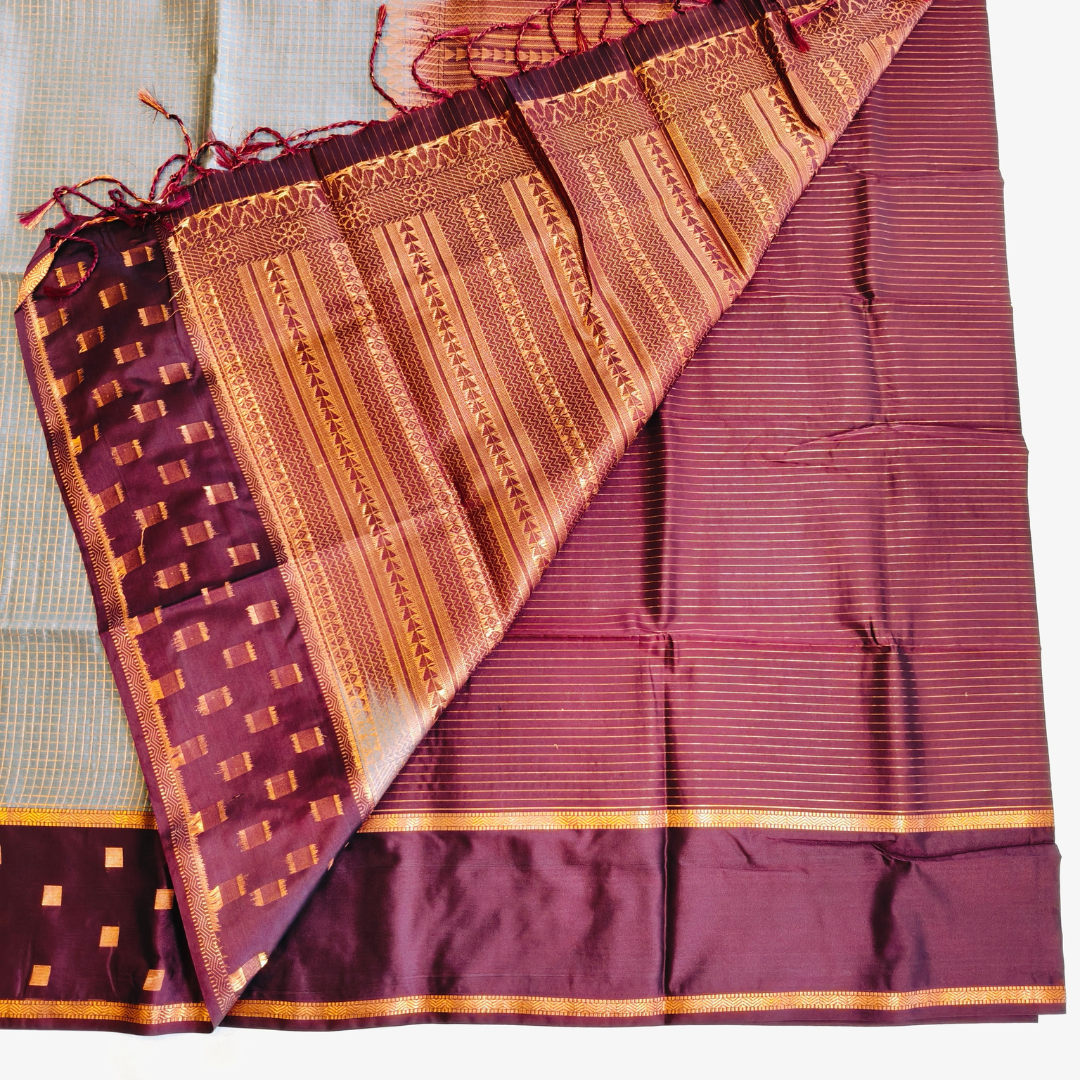 Traditional Podi Kattam soft silk saree in grey brown combination