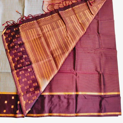 Traditional Podi Kattam soft silk saree in grey brown combination Vivahasilks