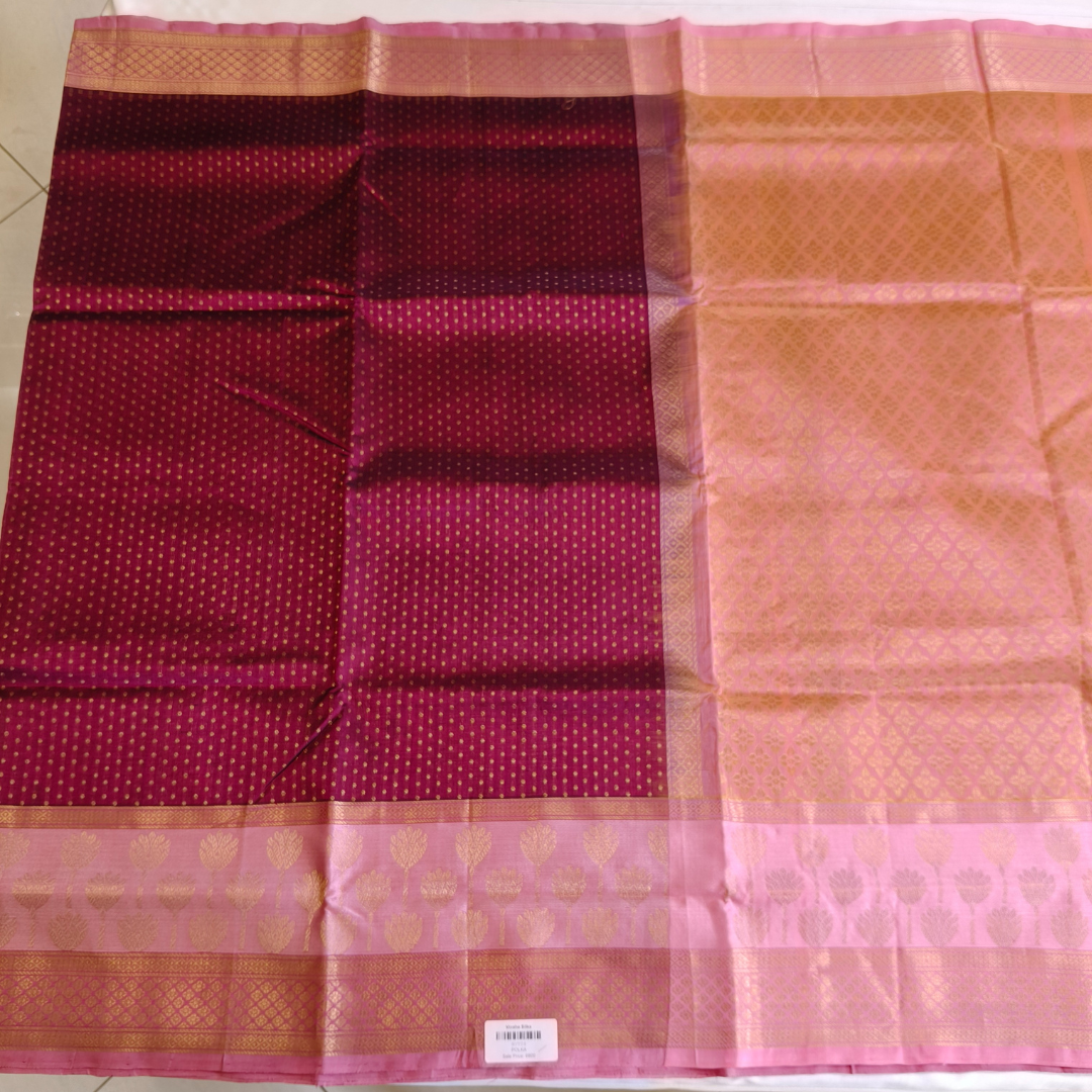 Polka dots pure Silk Cotton Saree in purple with pink combination