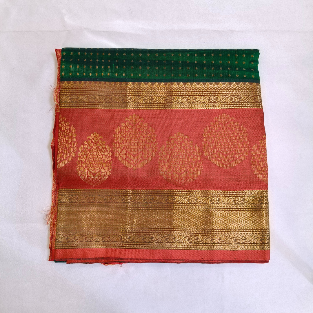 Polka dots pure Silk Cotton Saree in dark green with red combination