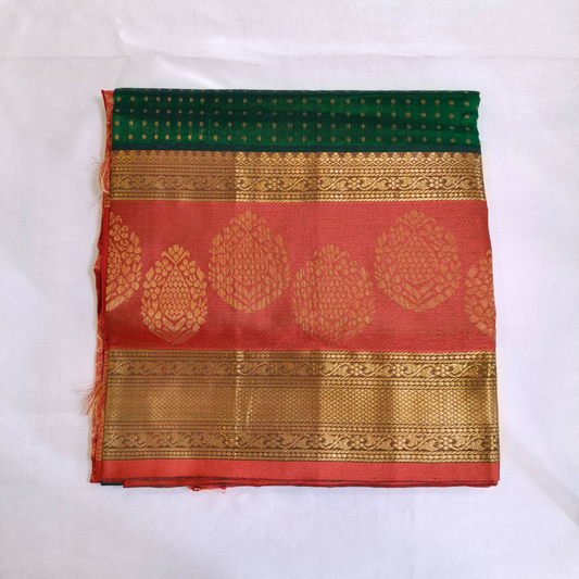 Polka dots pure Silk Cotton Saree in dark green with red combination