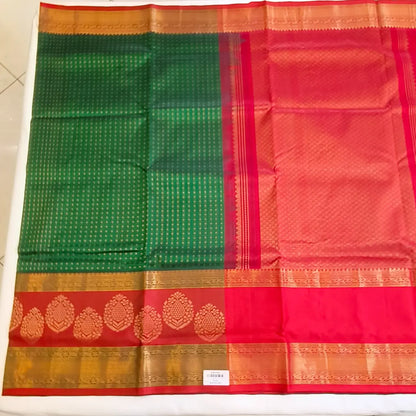 Polka dots pure Silk Cotton Saree in dark green with red combination Vivahasilks