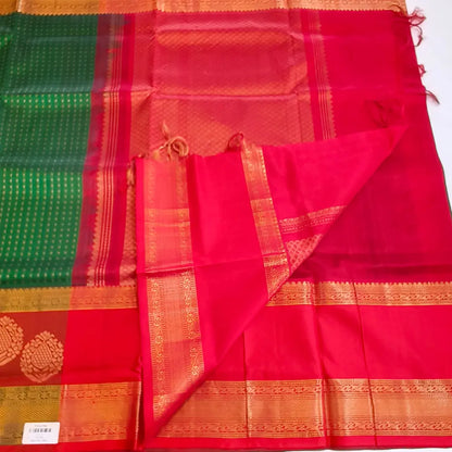 Polka dots pure Silk Cotton Saree in dark green with red combination Vivahasilks