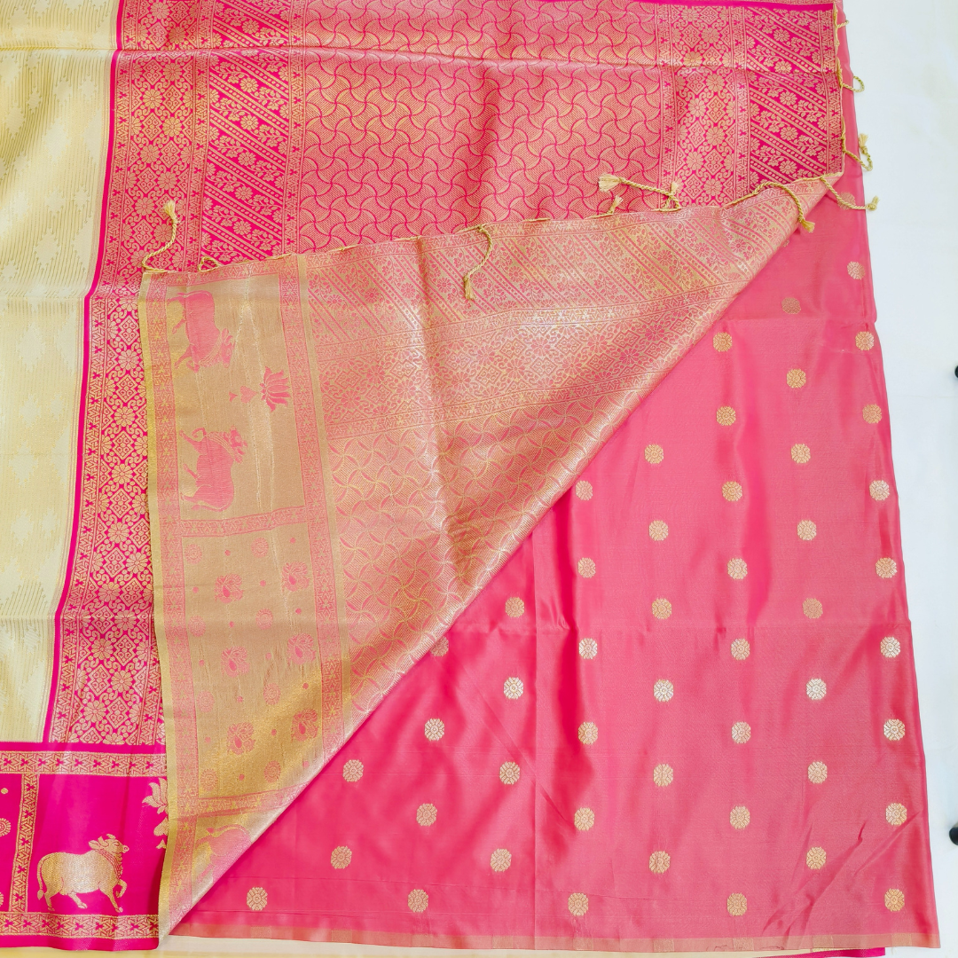 Off white Soft Silk Saree with pink fancy border