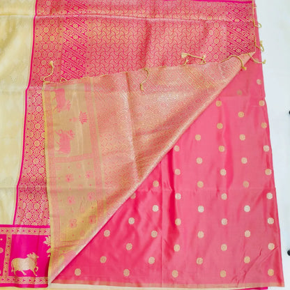 Off white Soft Silk Saree with pink fancy border Vivahasilks