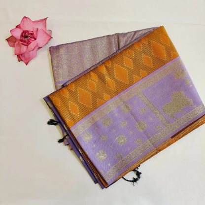 Mustard yellow soft silk saree with lavender fancy border Vivahasilks