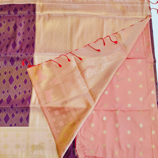 Purple soft silk saree with peach fancy border