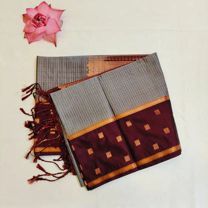 Traditional Podi Kattam soft silk saree in grey brown combination Vivahasilks