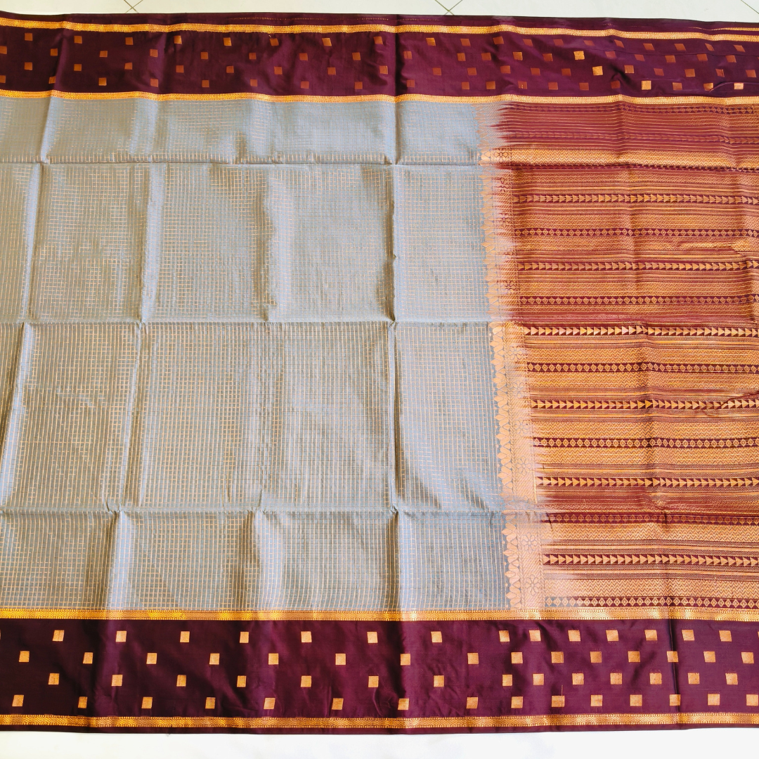 Traditional Podi Kattam soft silk saree in grey brown combination
