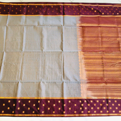 Traditional Podi Kattam soft silk saree in grey brown combination Vivahasilks