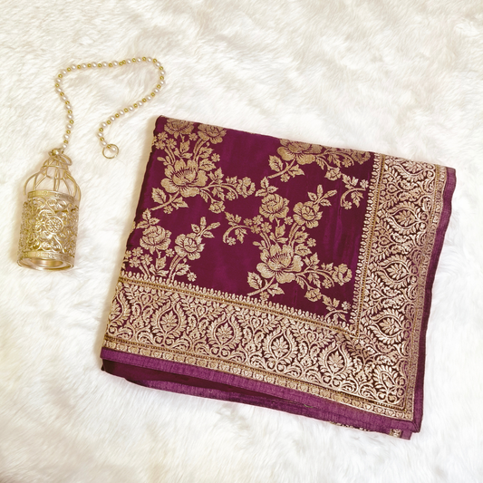 Purple rich Embroidery Satin Partywear Saree