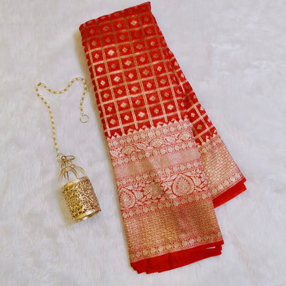 Royal Red checks Premium Banarasi Georgette Saree Vivahasilks