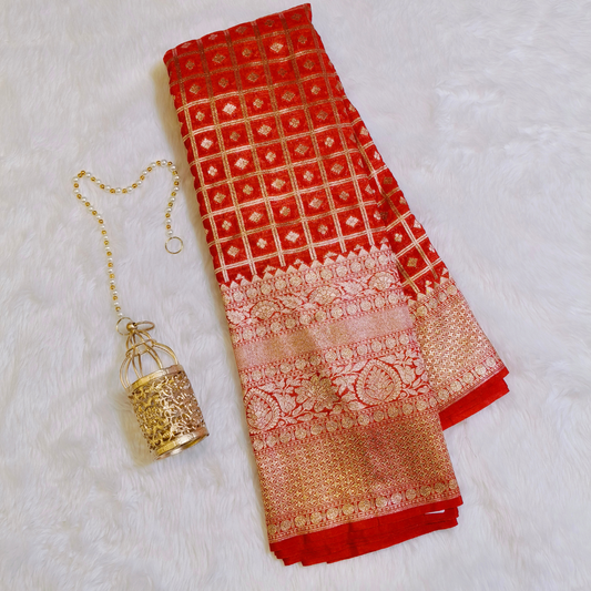 Royal Red checks Premium Banarasi Georgette Saree