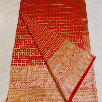 Royal Red checks Premium Banarasi Georgette Saree Vivahasilks