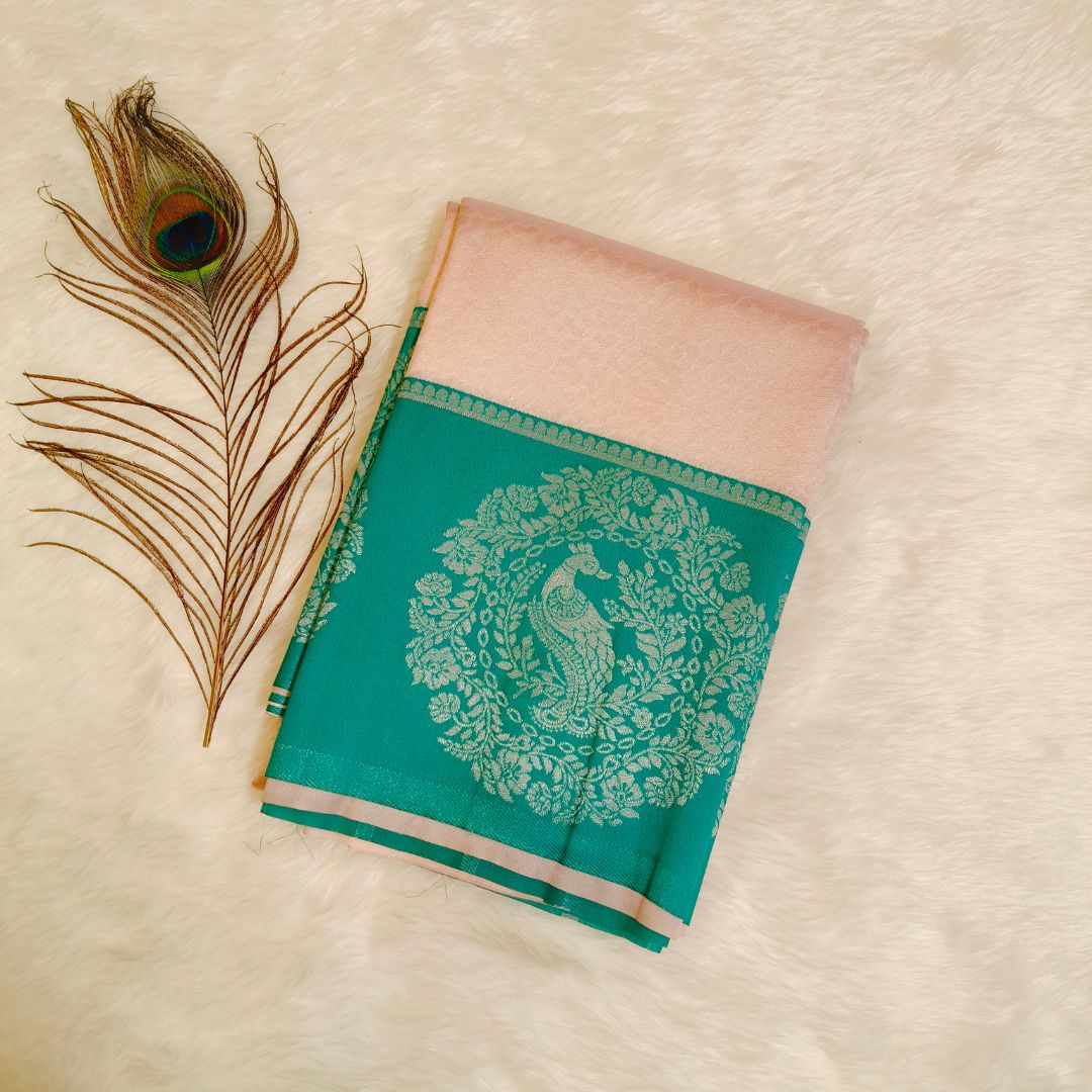 Baby Pink with Green Peacock Border SemiSilk Saree