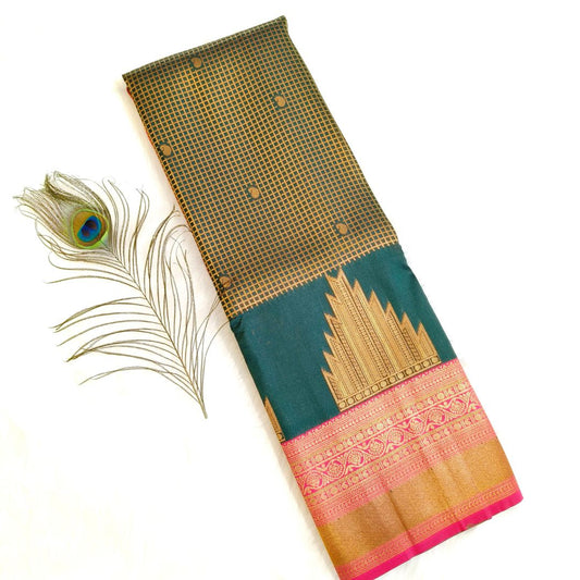 Dark Green with Pink Checks Temple Border Silk Saree
