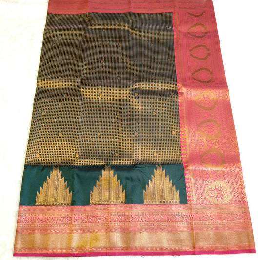 Dark Green with Pink Checks Temple Border Silk Saree