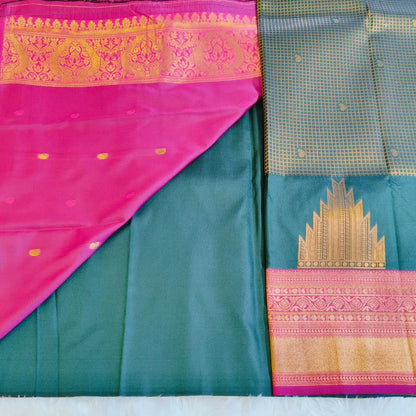 Dark Green with Pink Checks Temple Border Silk Saree Vivahasilks