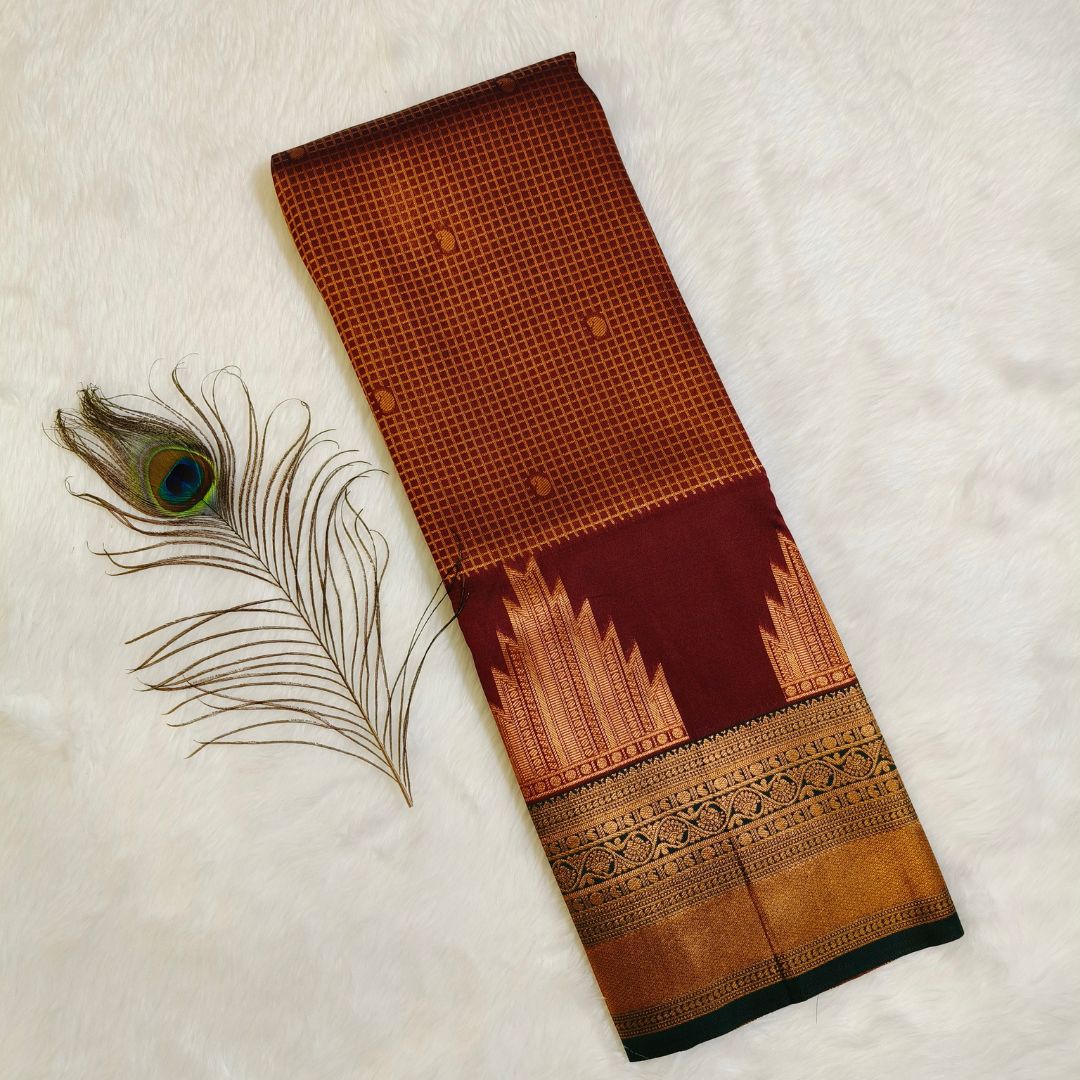 Maroon with Green Checks Temple Border Silk Saree