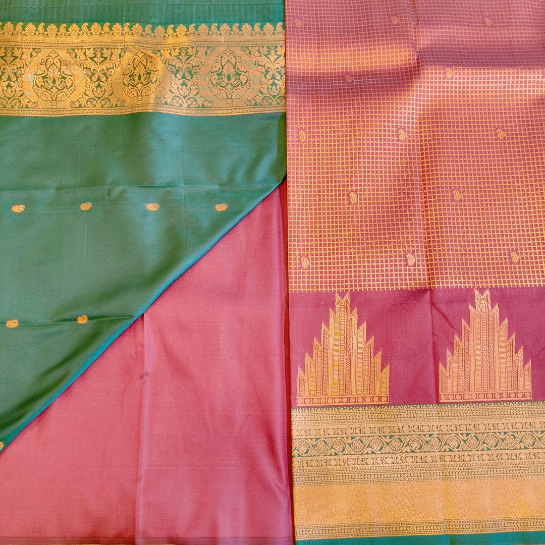 Maroon with Green Checks Temple Border Silk Saree
