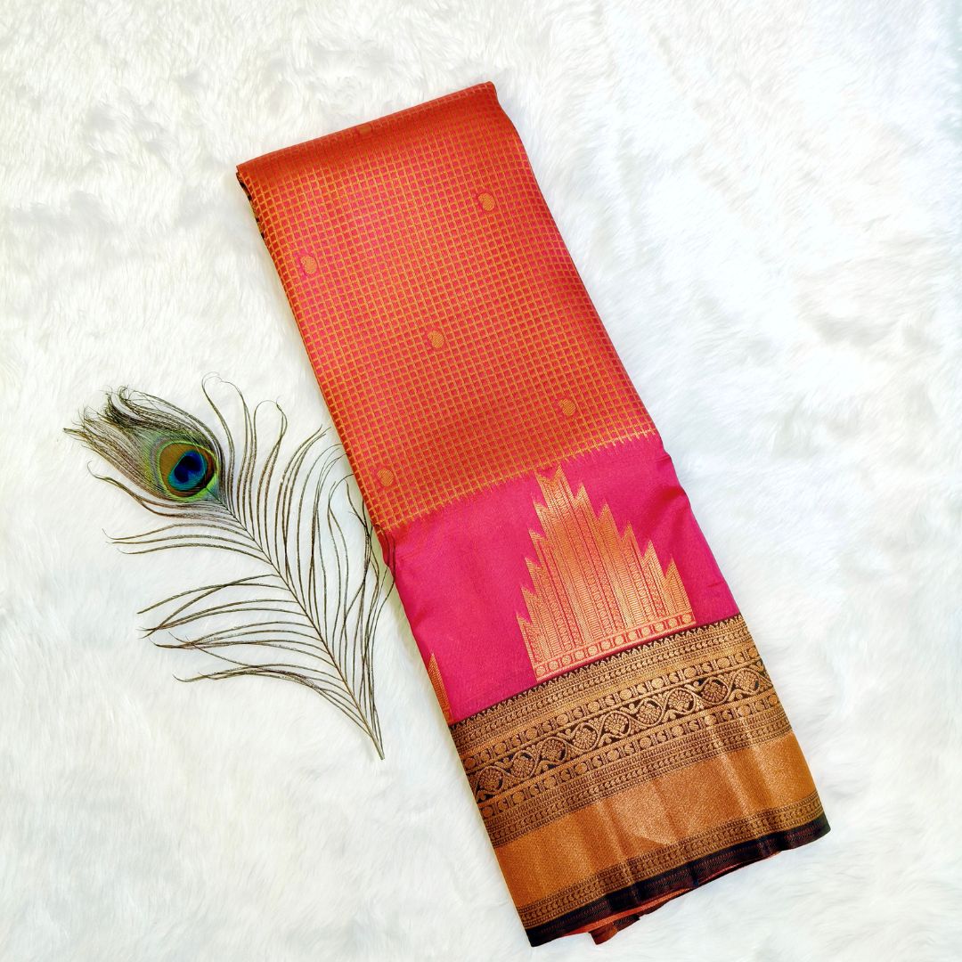 Dark Pink Checks Temple Border Silk Saree