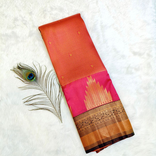 Dark Pink Checks Temple Border Silk Saree
