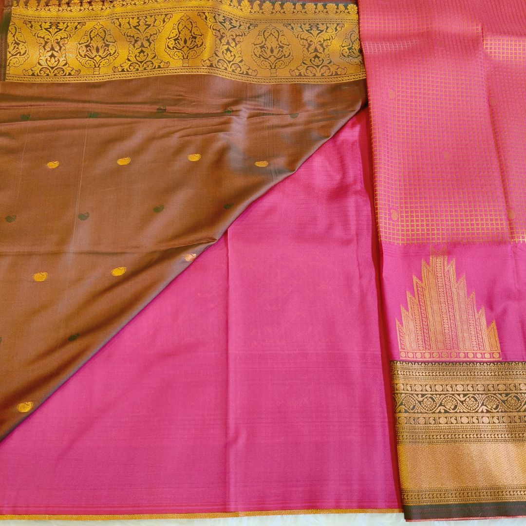 Dark Pink Checks Temple Border Silk Saree