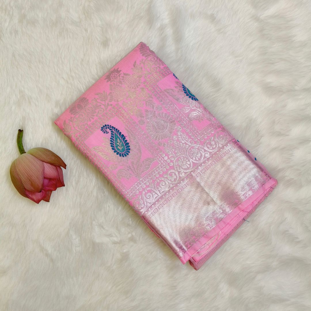 Lotus Pink Silver zaari Meenakari Work Silk Saree