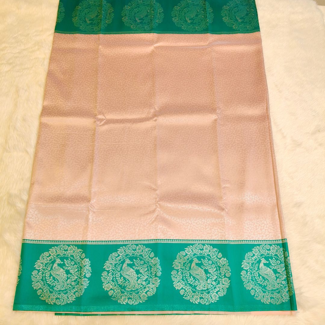 Baby Pink with Green Peacock Border SemiSilk Saree