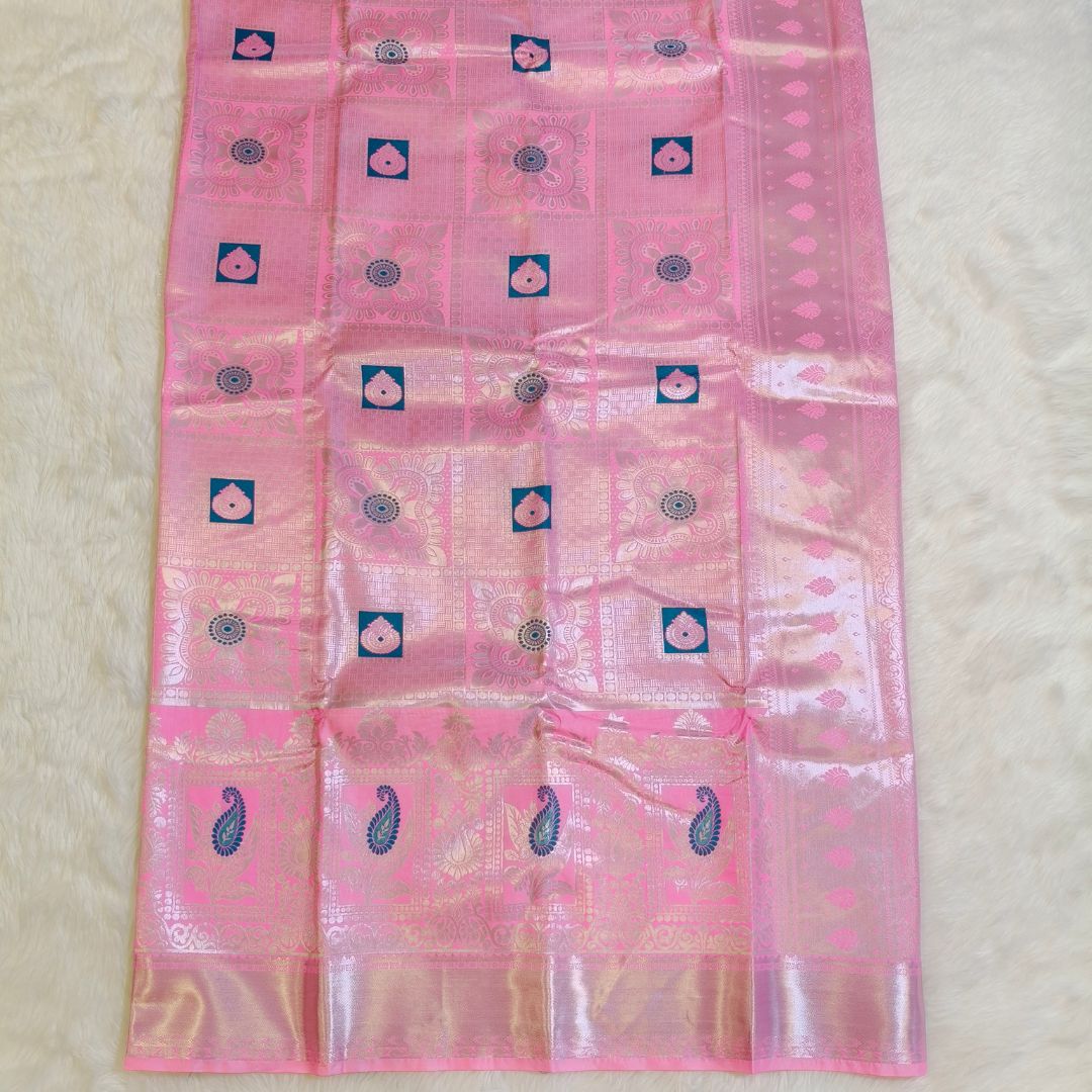 Lotus Pink Silver zaari Meenakari Work Silk Saree