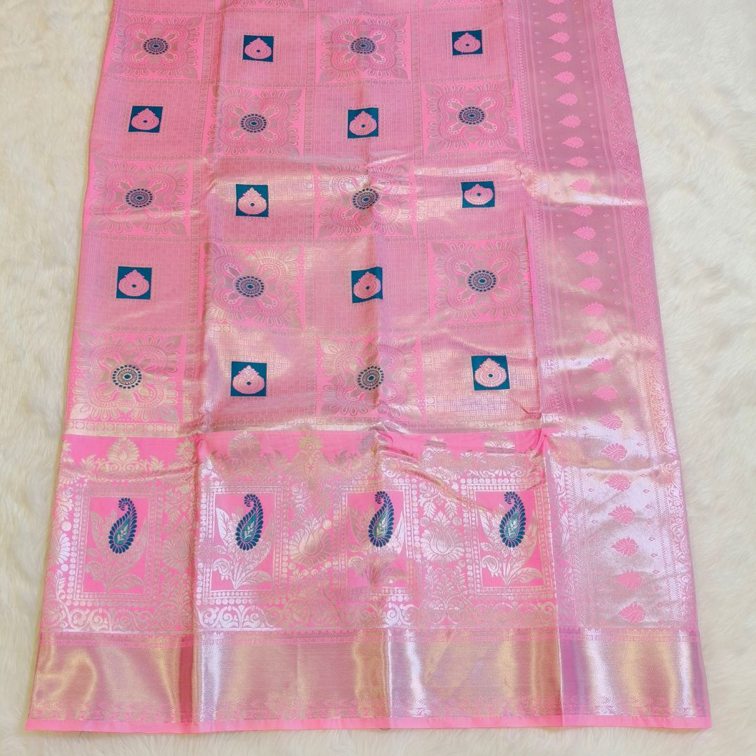 Lotus Pink Silver zaari Meenakari Work Silk Saree