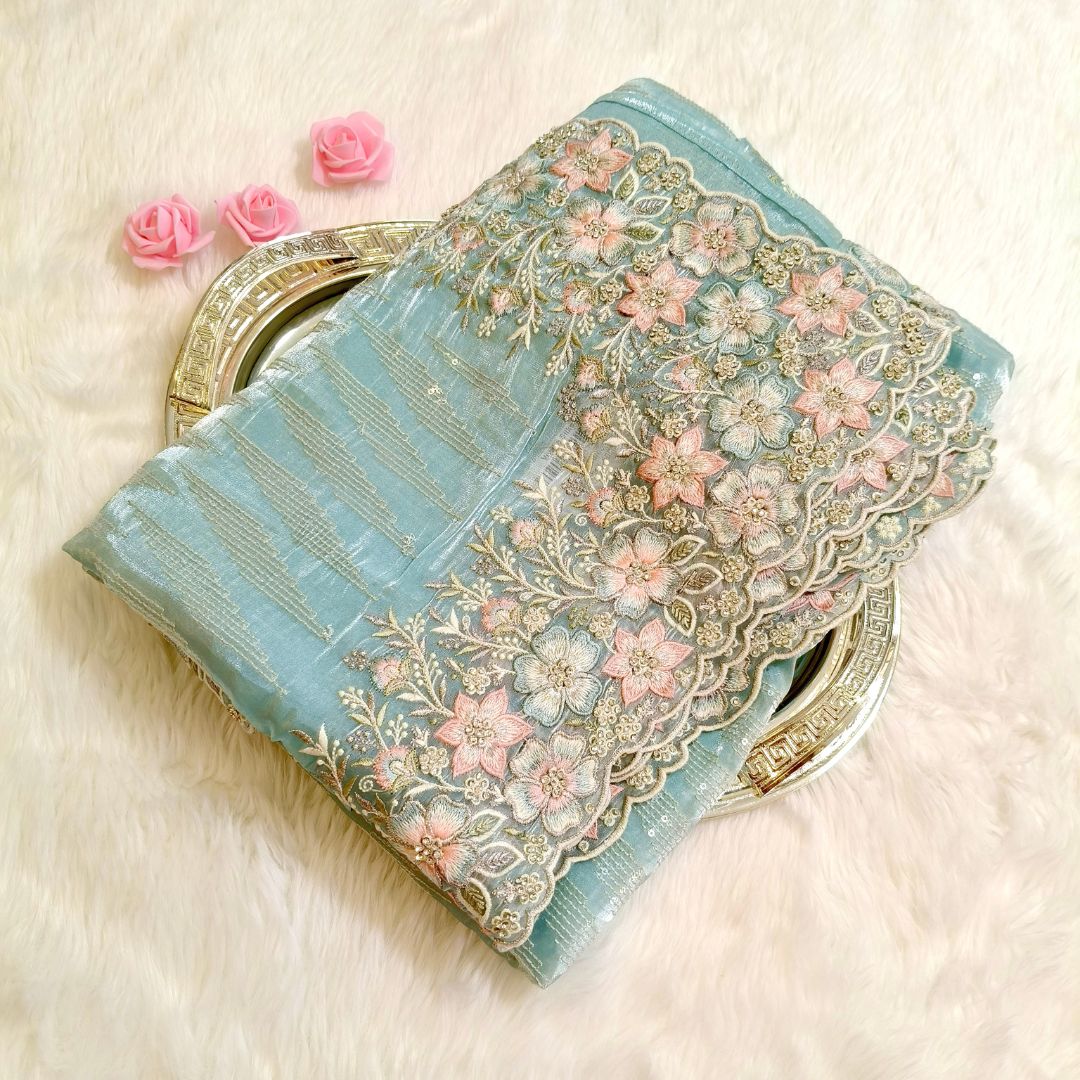 Ice blue Organza floral embroidery with Elegant stone work Party wear Saree