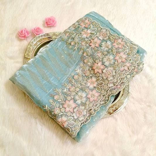 Ice blue Organza floral embroidery with Elegant stone work Party wear Saree