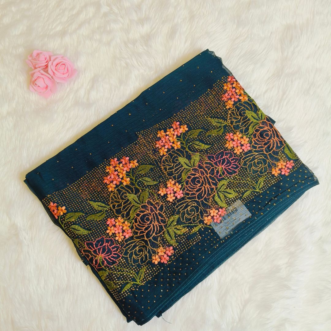 Peacock Blue Floral Embroidery with Stone work Partywear Saree