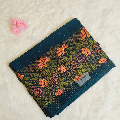 Peacock Blue Floral Embroidery with Stone work Partywear Saree Vivahasilks