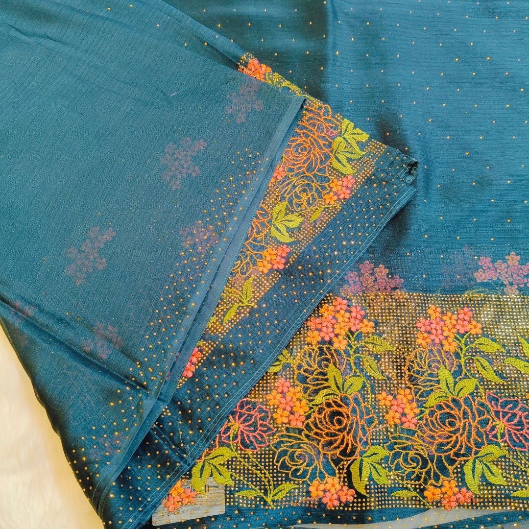Peacock Blue Floral Embroidery with Stone work Partywear Saree