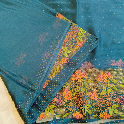 Peacock Blue Floral Embroidery with Stone work Partywear Saree Vivahasilks