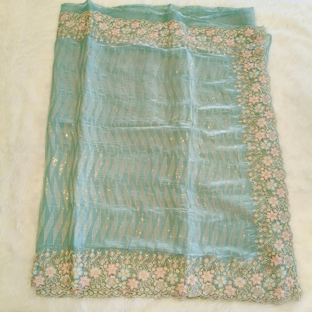 Ice blue Organza floral embroidery with Elegant stone work Party wear Saree