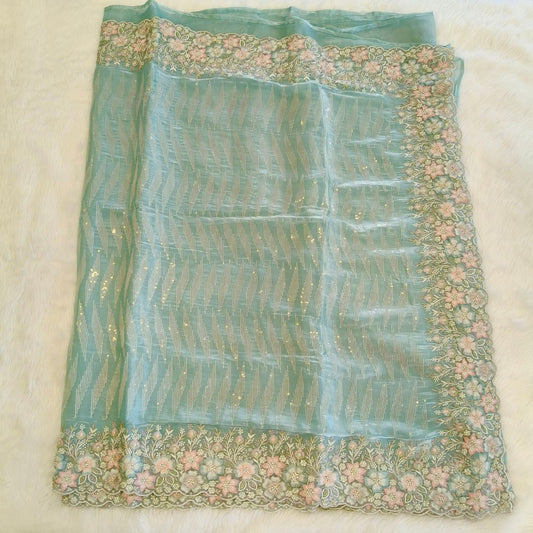 Ice blue Organza floral embroidery with Elegant stone work Party wear Saree
